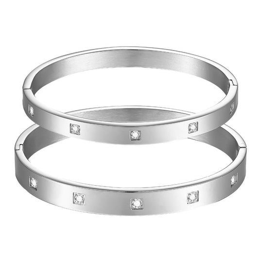 FORMATION GRAND | PLUS+ Size Silver Stainless Steel Square Embossed Bezel Diamond 8MM Stacker Love Bangle Bracelet