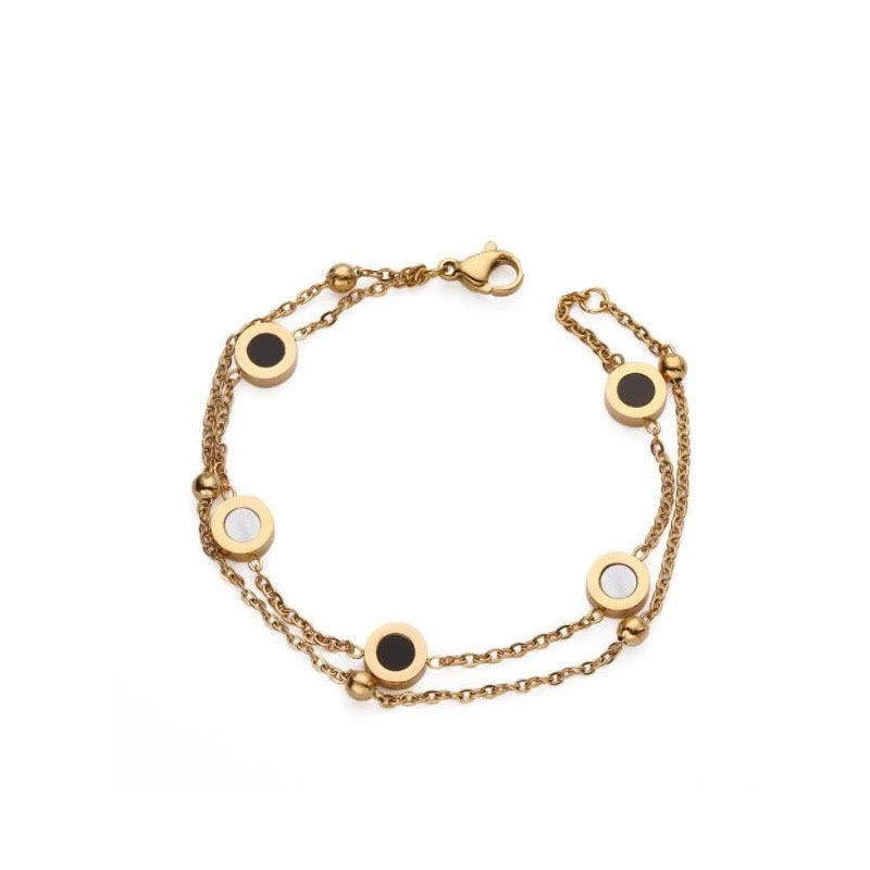 SALE: CHARIOT MINI | Gold Stainless Steel 6MM Black Lacquer White Mother of Pearl 5 Round Disc Motifs Bracelet