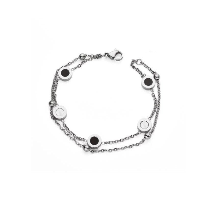 SALE: CHARIOT MINI | Silver Stainless Steel 6MM Black Lacquer White Mother of Pearl 5 Round Disc Motif Bracelet