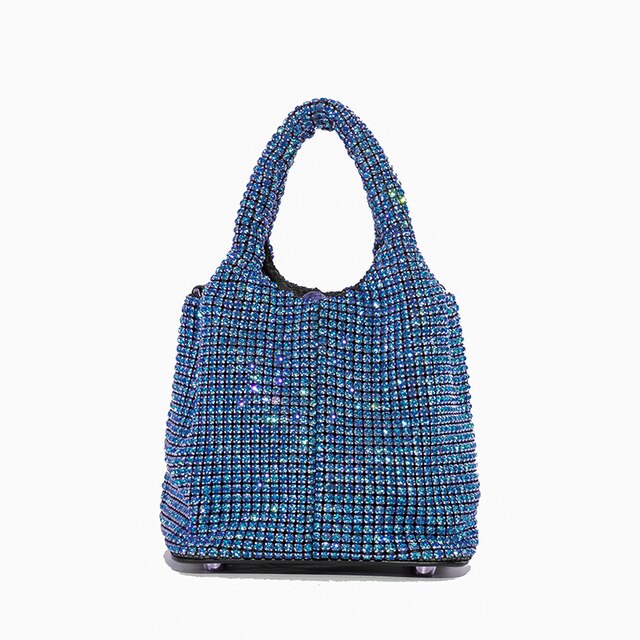 SALE: CHERISH DENIM | Blue Mini Crystal Sparkly Slouch Diamond Bucket Tote Clutch Handbag