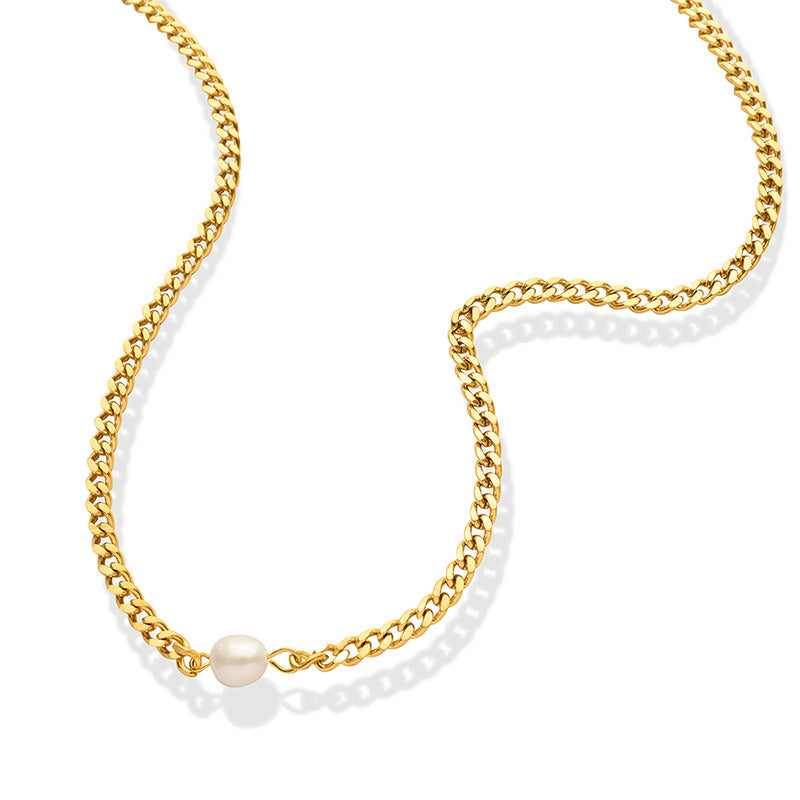 MILAN | Petite Size 18K Gold 3MM Cuban Chain with Solo Pearl Necklace