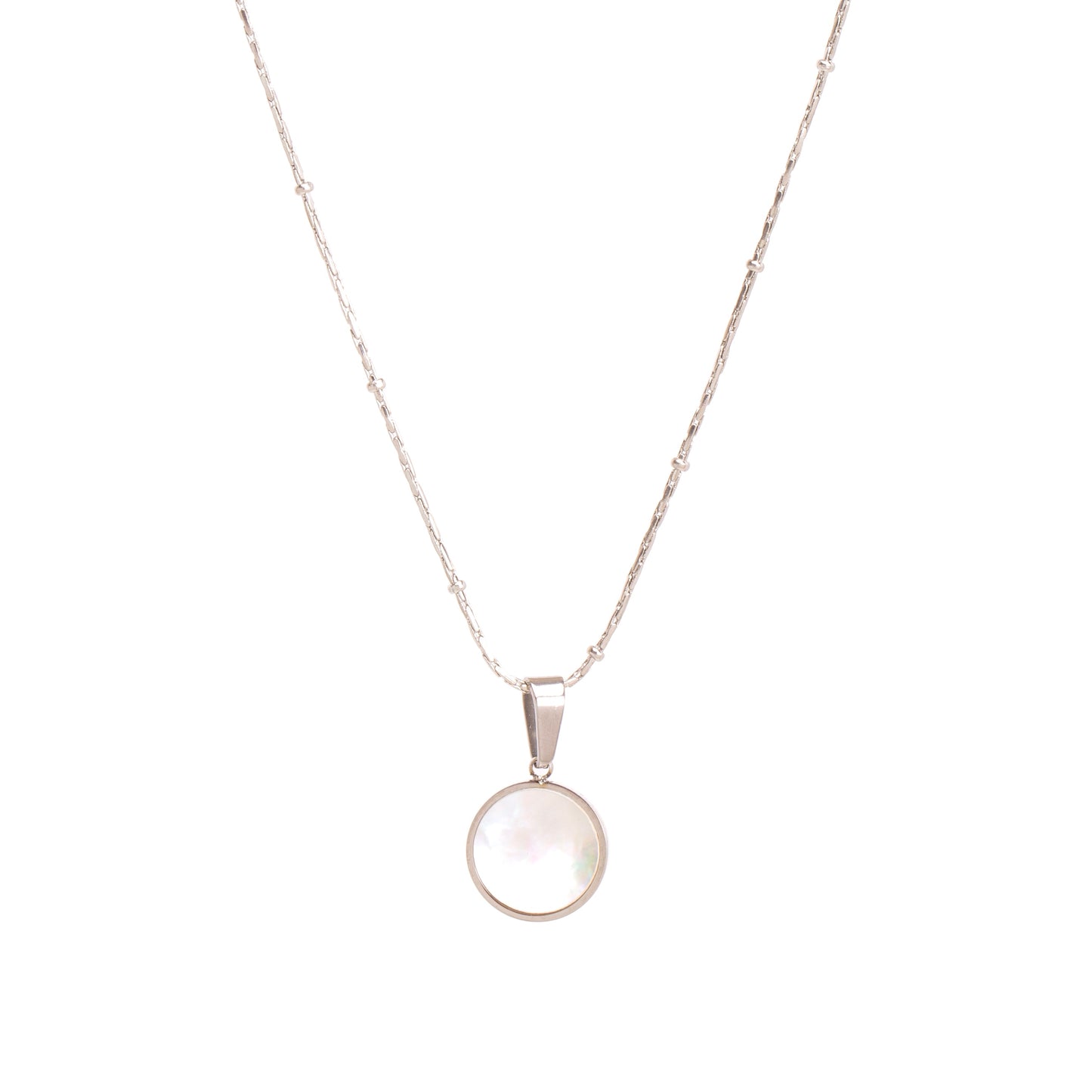 HOMME LA PEARLA | Silver Stainless Steel + White Mother of 10MM Round Medallion Pendant Necklace