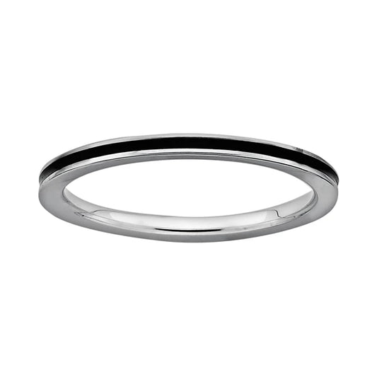 GLAZED NOIRE MINI | Silver Stainless Steel 2MM Thin Inlaid Black Lacquer Enamel Stacker Ring