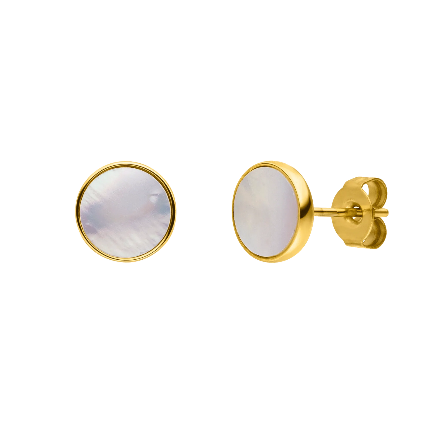 SALE: HOMME LA PEARLA | 14K Gold Stainless Steel 8MM Round White Mother of Pearl Shell Stud Earrings