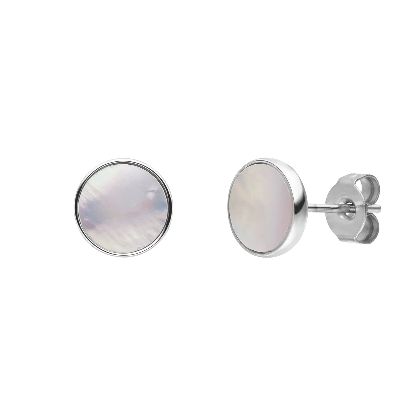 SALE: HOMME LA PEARLA | Silver Stainless Steel 8MM Round White Mother of Pearl Shell Stud Earrings
