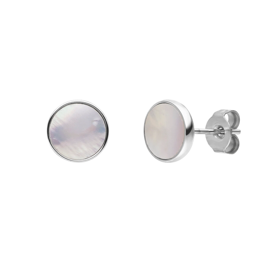 HOMME LA PEARLA | Silver Stainless Steel 8MM Round White Mother of Pearl Shell Stud Earrings