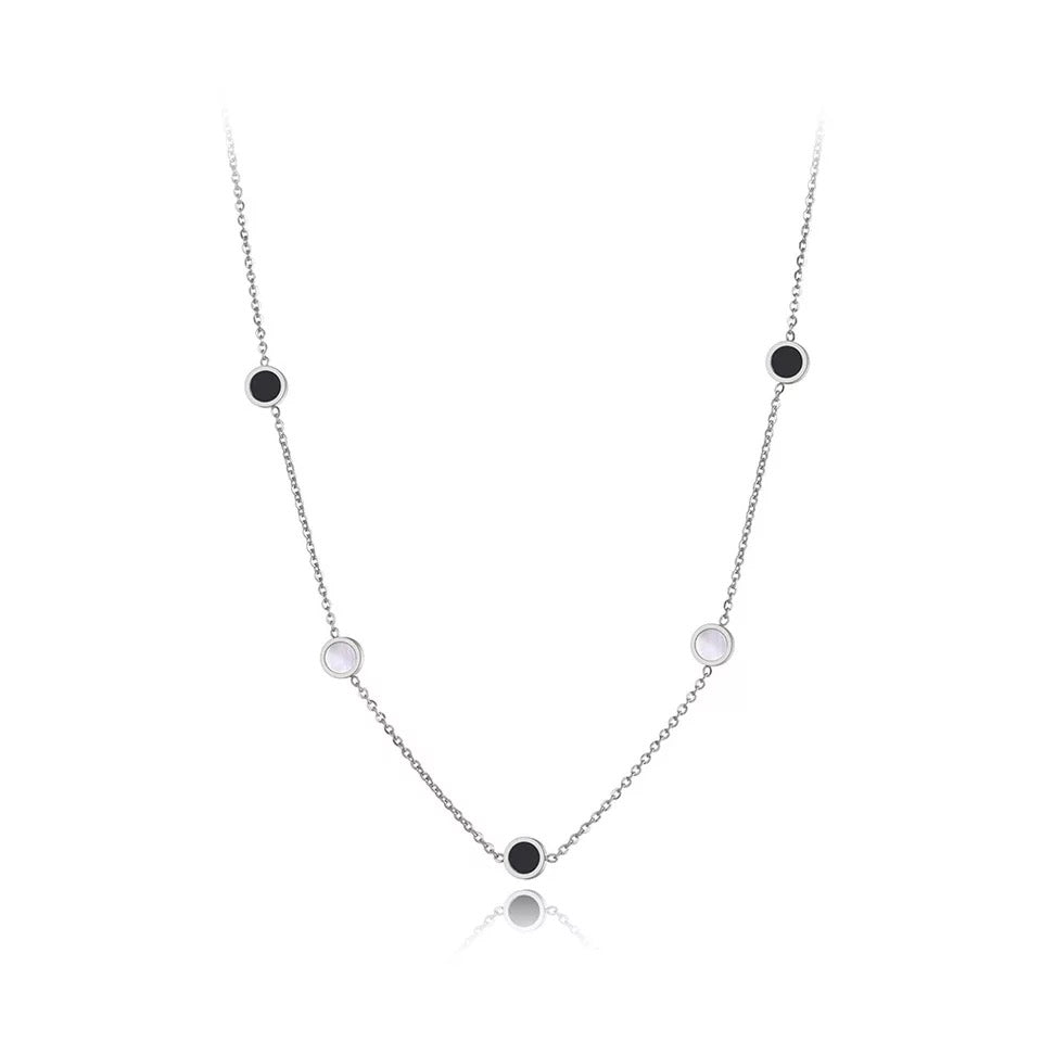 SALE: CHARIOT MINI | Silver Stainless Steel 6MM Black Lacquer White Mother of Pearl 5 Round Disc Motif Bracelet