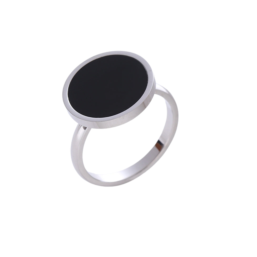VELVET NOIRE | Silver Stainless Steel 16MM Round Black Lacquer Enamel Coin Medallion Ring