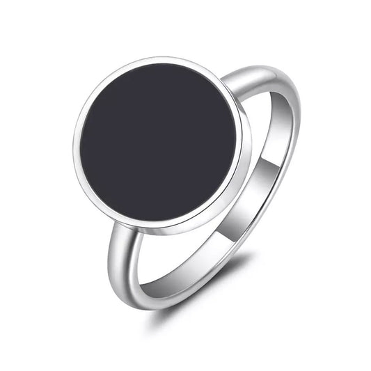 VELVET NOIRE | Silver Stainless Steel 10MM Round Coin Medallion Lacquer Ring