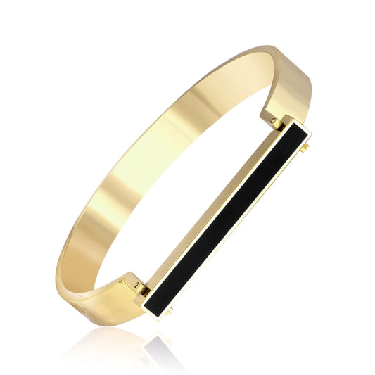 SLAB NOIRE | 18K Gold Stainless Steel 8MM Interlock Black Lacquer BAR Bangle Bracelet