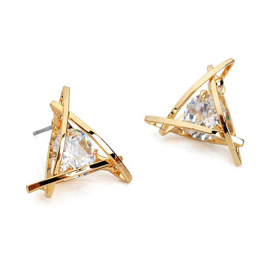 ENTANGLE | 18K Gold Stainless Steel 12MM Triangle Round Crystal Diamond Stud Earrings