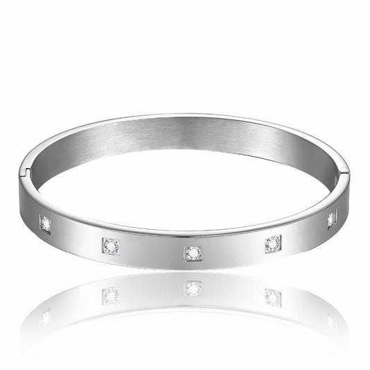 FORMATION GRAND | PLUS+ Size Silver Stainless Steel Square Embossed Bezel Diamond 8MM Stacker Love Bangle Bracelet