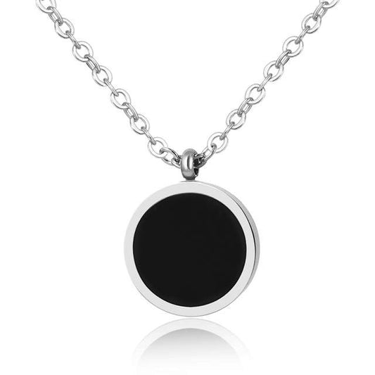 VELVET NOIRE | Silver Trim 10MM Black Lacquer Round Medallion Necklace