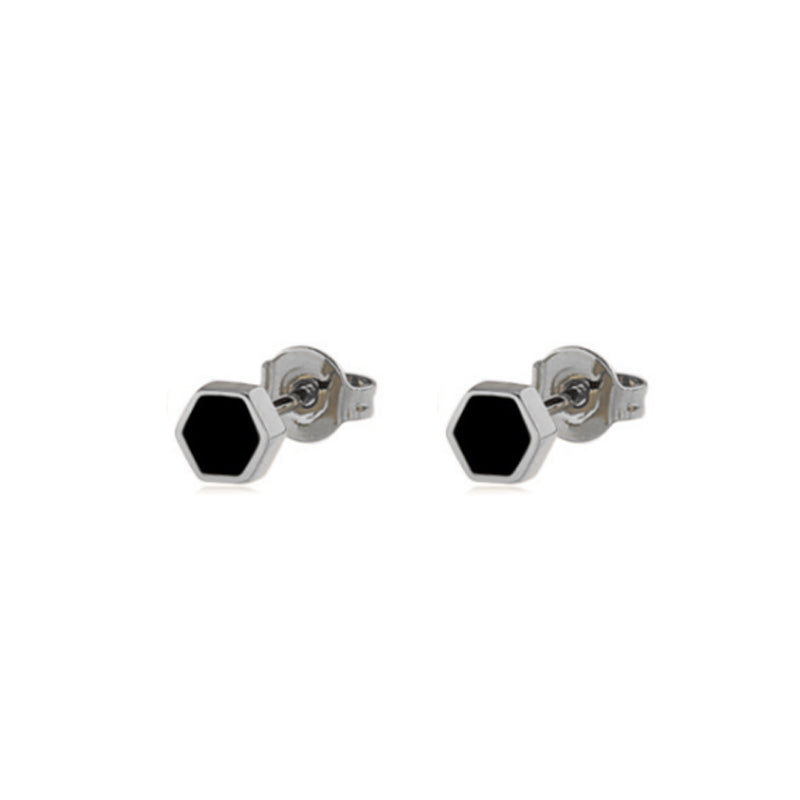 MONET NOIRE | Silver + Black Stainless Steel Hexagon Stud Earrings