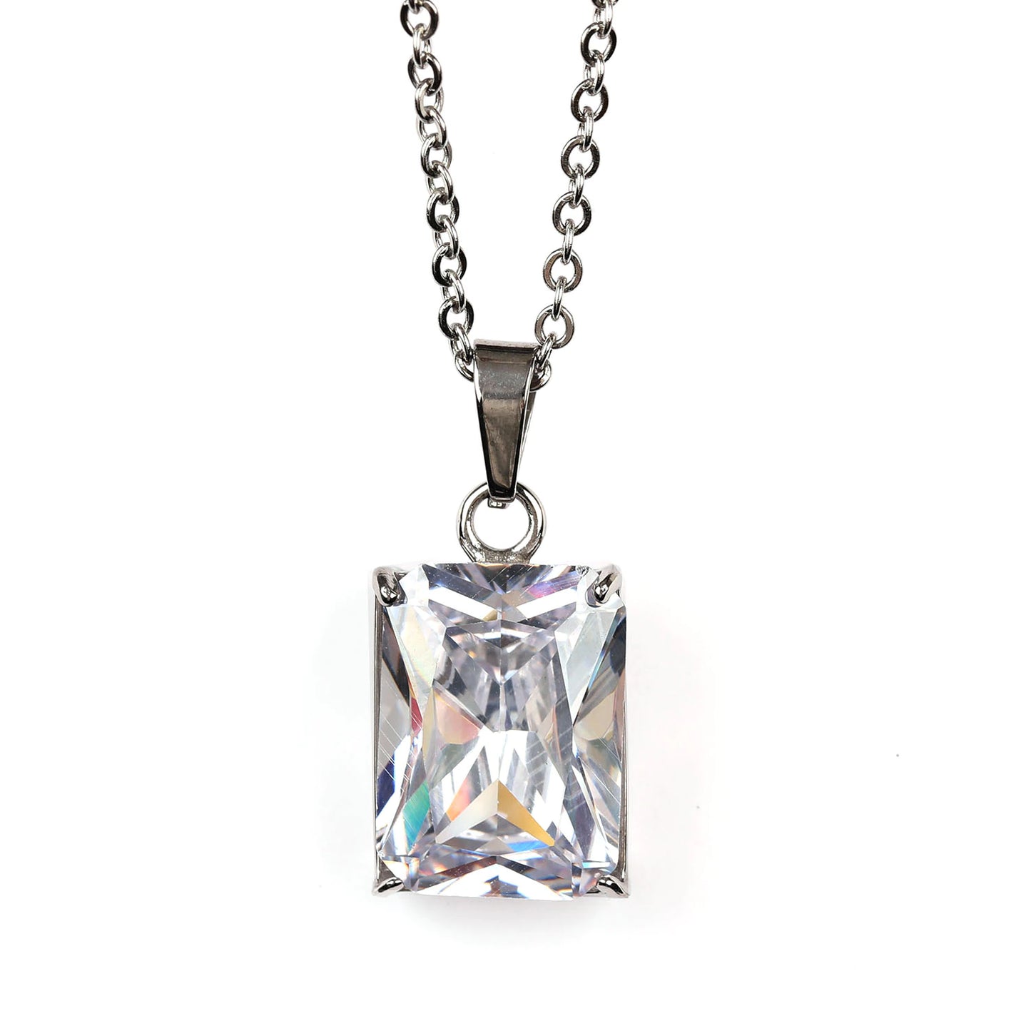 ALLURE | Silver Oversized 30MM Rectangle Diamond Pendant Necklace