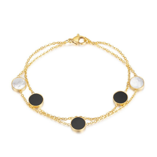 CHARIOT DUO | 18K Gold Stainless Steel Lined Black Lacquer Reversible Mother of Pearl 8MM Round Motif Chain Link Bracelet