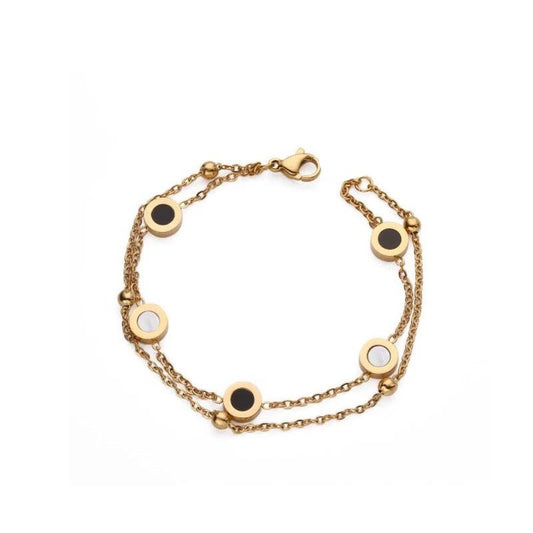 CHARIOT MINI | Gold Stainless Steel 6MM Black Lacquer White Mother of Pearl 5 Round Disc Motifs Bracelet