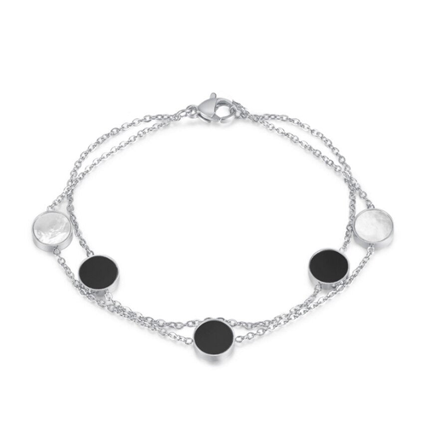 CHARIOT DUO | Silver Stainless Steel Lined Black Lacquer Reversible Mother of Pearl Shell 8MM Round Motif Chain Link Bracelet