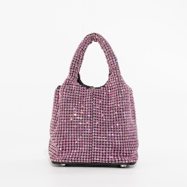 CHERISH BUBBLE GUM | Light Pink Mini Crystal Sparkly Slouch Diamond Bucket Tote Clutch Handbag