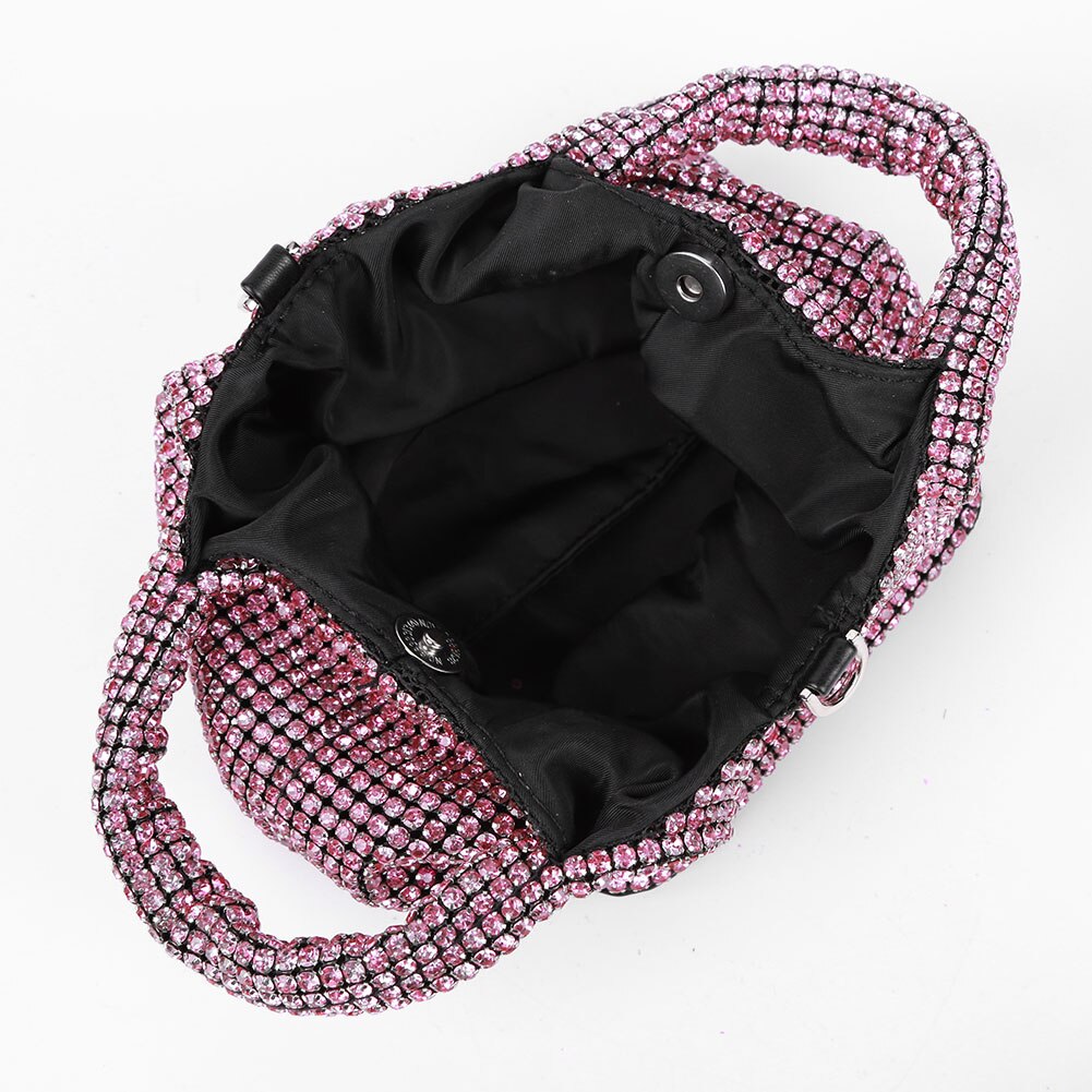 CHERISH BUBBLE GUM | Light Pink Mini Crystal Sparkly Slouch Diamond Bucket Tote Clutch Handbag
