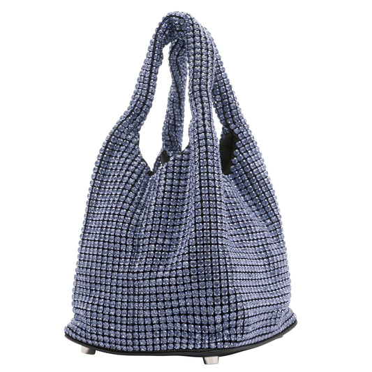 CHERISH DENIM | Blue Mini Crystal Sparkly Slouch Diamond Bucket Tote Clutch Handbag