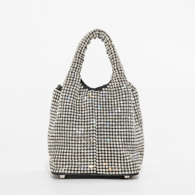 CHERISH GLASS | White Mini Crystal Sparkly Slouch Diamond Bucket Tote Clutch Handbag