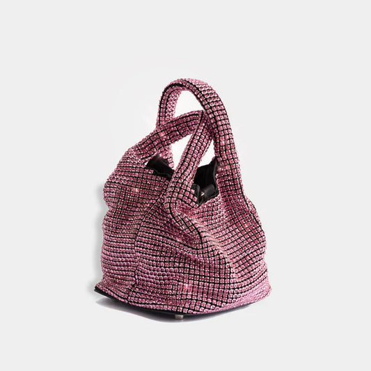 CHERISH MAGENTA | Hot Pink Mini Crystal Sparkly Slouch Diamond Bucket Tote Clutch Handbag