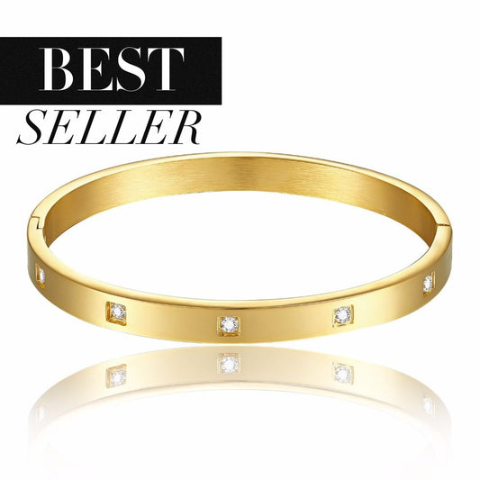 FORMATION | 14K Gold Stainless Steel 6MM Diamond Square Embossed Love Bangle Bracelet