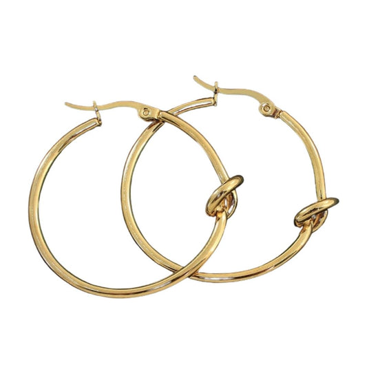 KNOTTY SLIM | 18K Gold Stainless Steel 2MM Skinny Front Knot Light-Weight 4CM Hoop Earrings