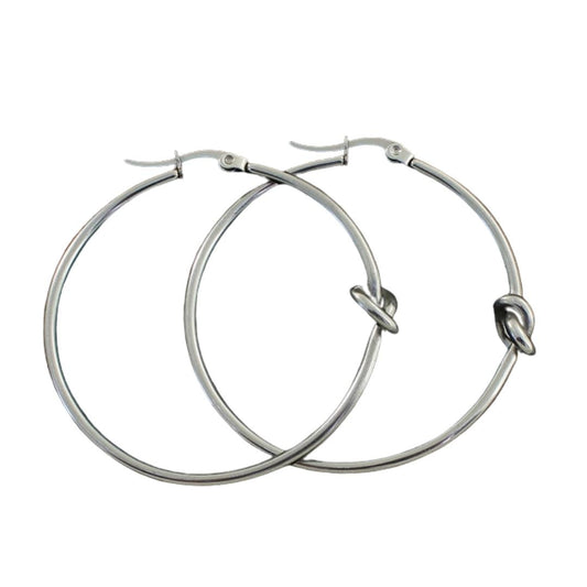 KNOTTY SLIM | Silver Stainless Steel 2MM Skinny Front Knot Light-Weight 5CM Hoop Earrings