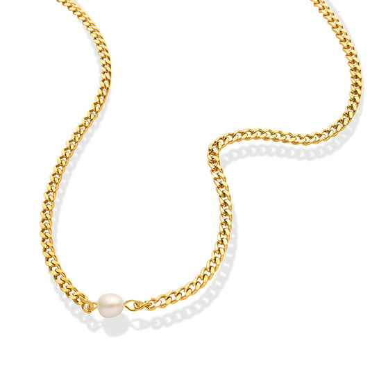 MILAN | Petite Size 18K Gold 3MM Cuban Chain with Solo Pearl Necklace