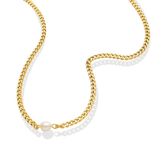 MILAN | Petite Size 18K Gold 3MM Cuban Chain with Solo Pearl Necklace