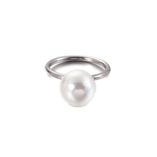 LA PEARLA | Silver Stainless Steel White Pearl Shell Ball Ring