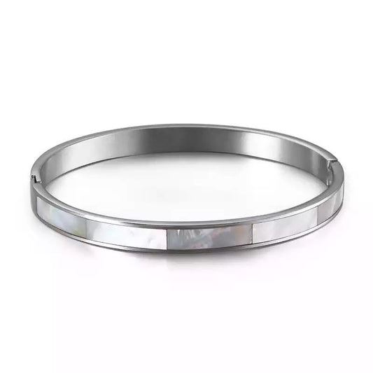 PORCELAIN SEASHELL | Silver Stainless Steel 6MM White Mother of Pearl Shell Bangle Bracelet