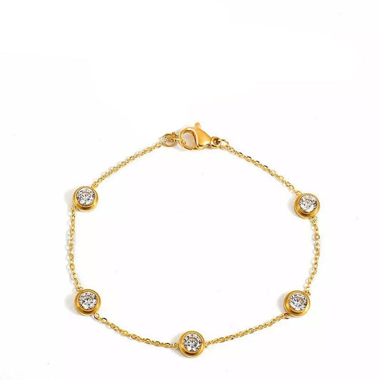 TWILIGHT | 14K Gold Stainless Steel Dainty Staggered Round Diamond Bezel Bracelet