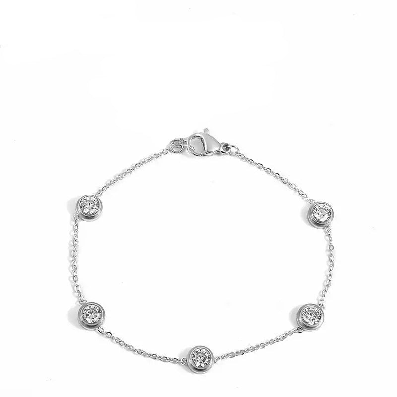 TWILIGHT | Silver Stainless Steel 6MM Dainty Staggered Round Diamond Bezel Bracelet