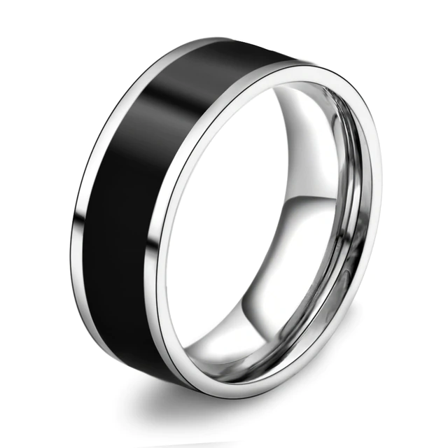 PORCELAIN NOIRE MAXI | Silver Stainless Steel Lined Shiny Black Lacquer 8MM Wide Ring