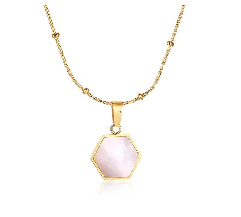 Gold Pearl Shell Hexagon Pendant Necklace
