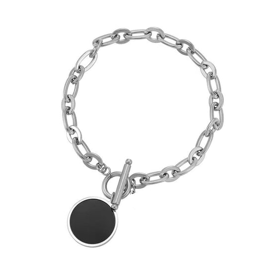 HARNESS NOIRE | Silver Stainless Steel Rolo Link Black Lacquer 20MM Medallion Chain Link Bracelet