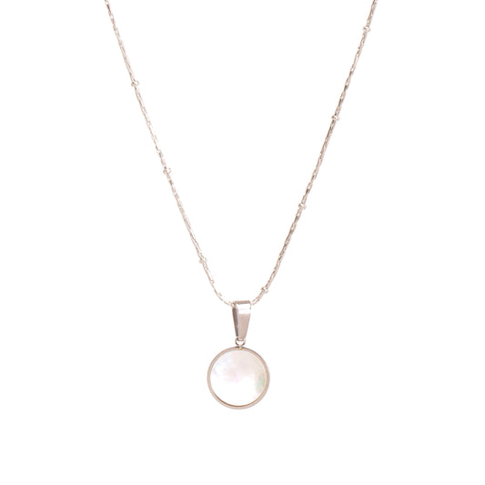 HOMME LA PEARLA | Silver Stainless Steel + White Mother of 10MM Round Medallion Pendant Necklace