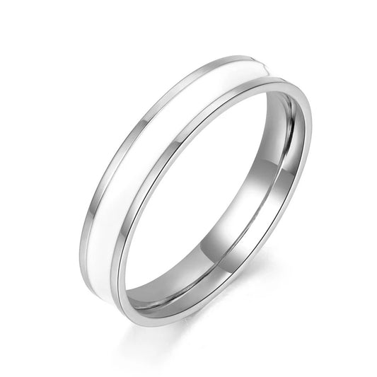 GLAZED SNOW MIDI | Silver Stainless Steel 4MM White Lacquer Enamel Lined Ring