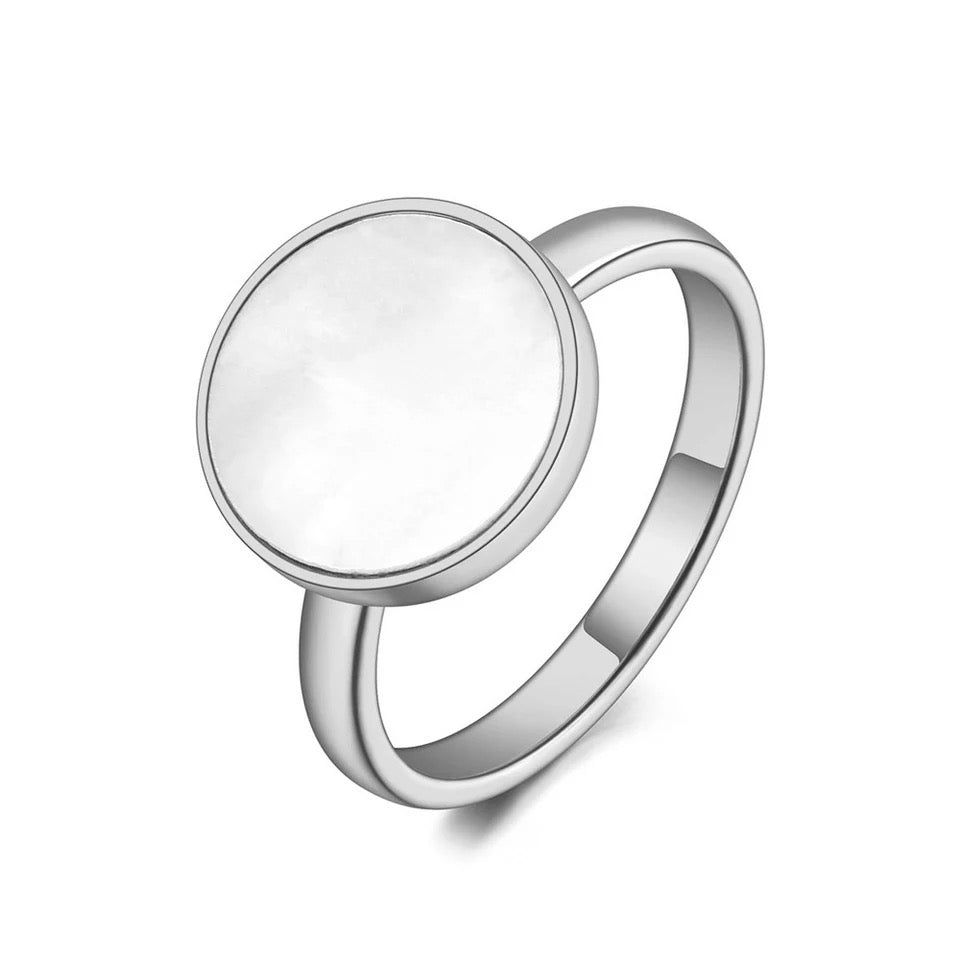 VELVET LA PEARLA | Silver Stainless Steel 12MM Round Coin Mother of Pearl Medallion Ring