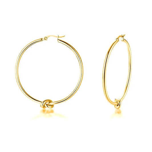 KNOTTY SLIM | 18K Gold Stainless Steel 2MM Skinny Front Knot Light-Weight 4CM Hoop Earrings