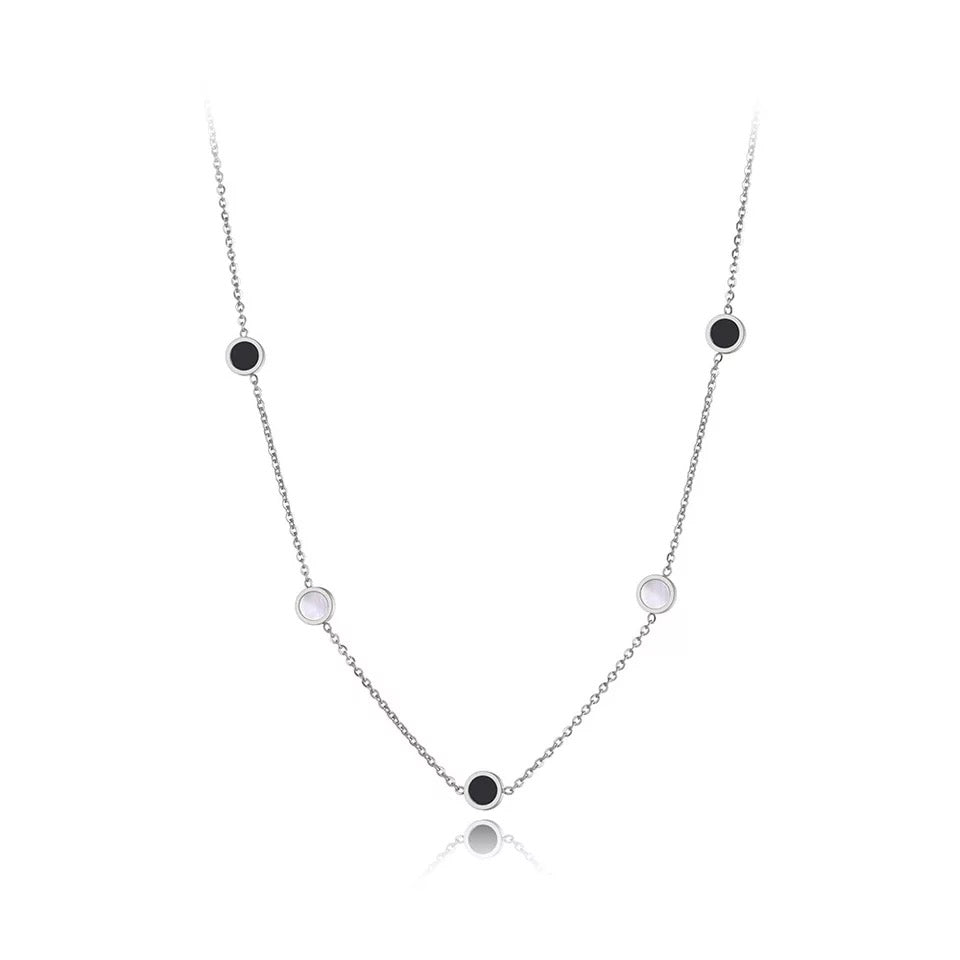 CHARIOT MINI | Silver 6MM Black Lacquer White Mother of Pearl 5 Round Disc Motif Necklace