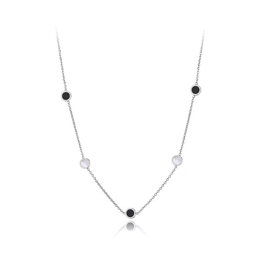 CHARIOT MINI | Silver 6MM Black Lacquer White Mother of Pearl 5 Round Disc Motif Necklace