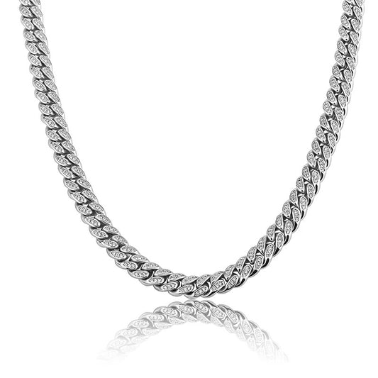 TREASURY MIDI | Silver 8MM White Diamond Pavé Cuban Link Necklace