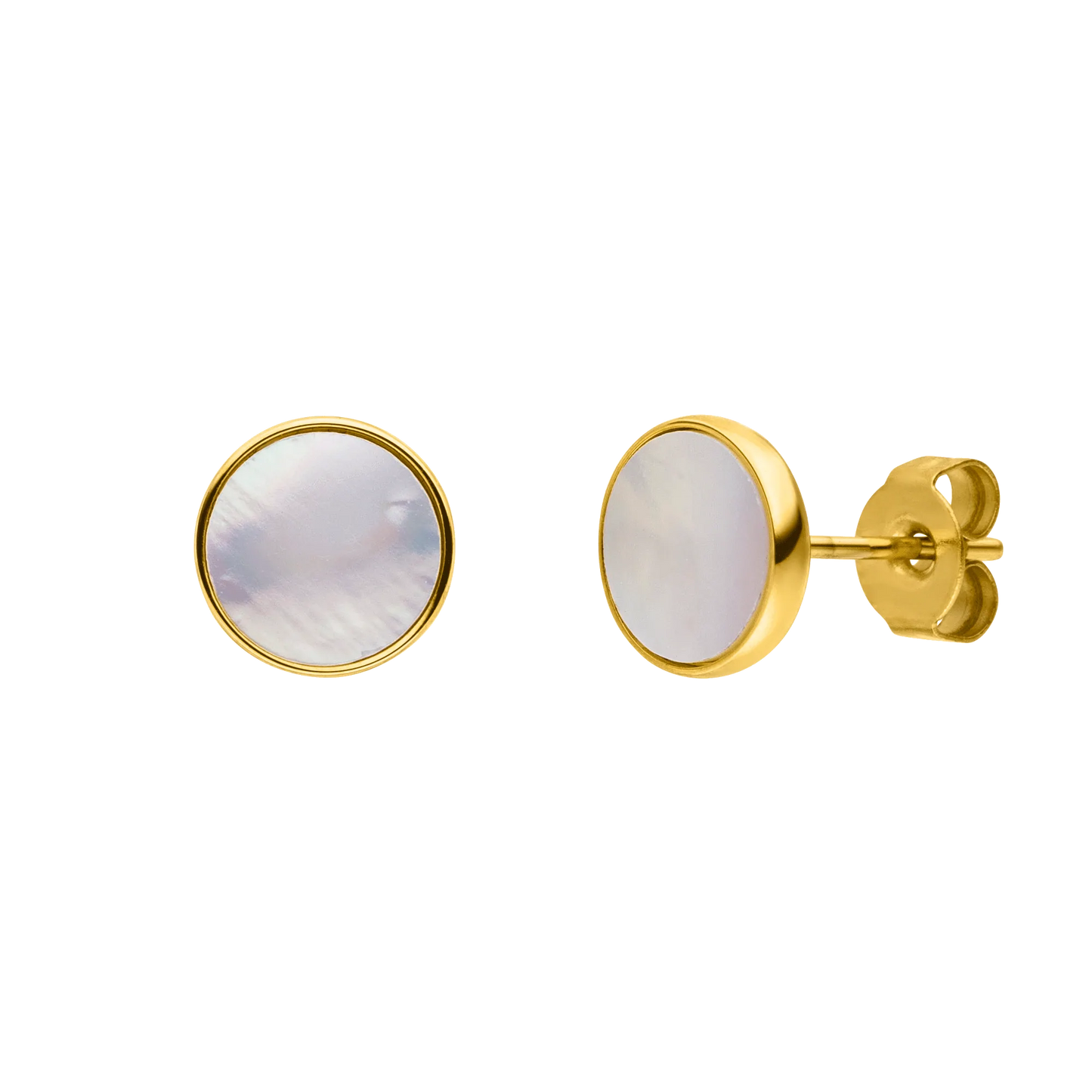 HOMME LA PEARLA | 14K Gold Stainless Steel 8MM Round White Mother of Pearl Shell Stud Earrings