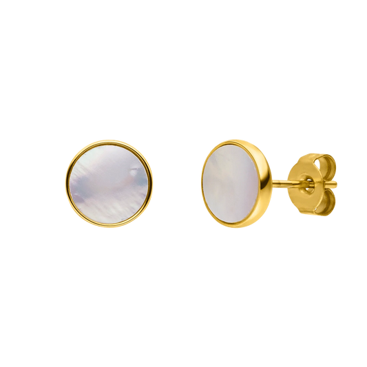 HOMME LA PEARLA | 14K Gold Stainless Steel 8MM Round White Mother of Pearl Shell Stud Earrings