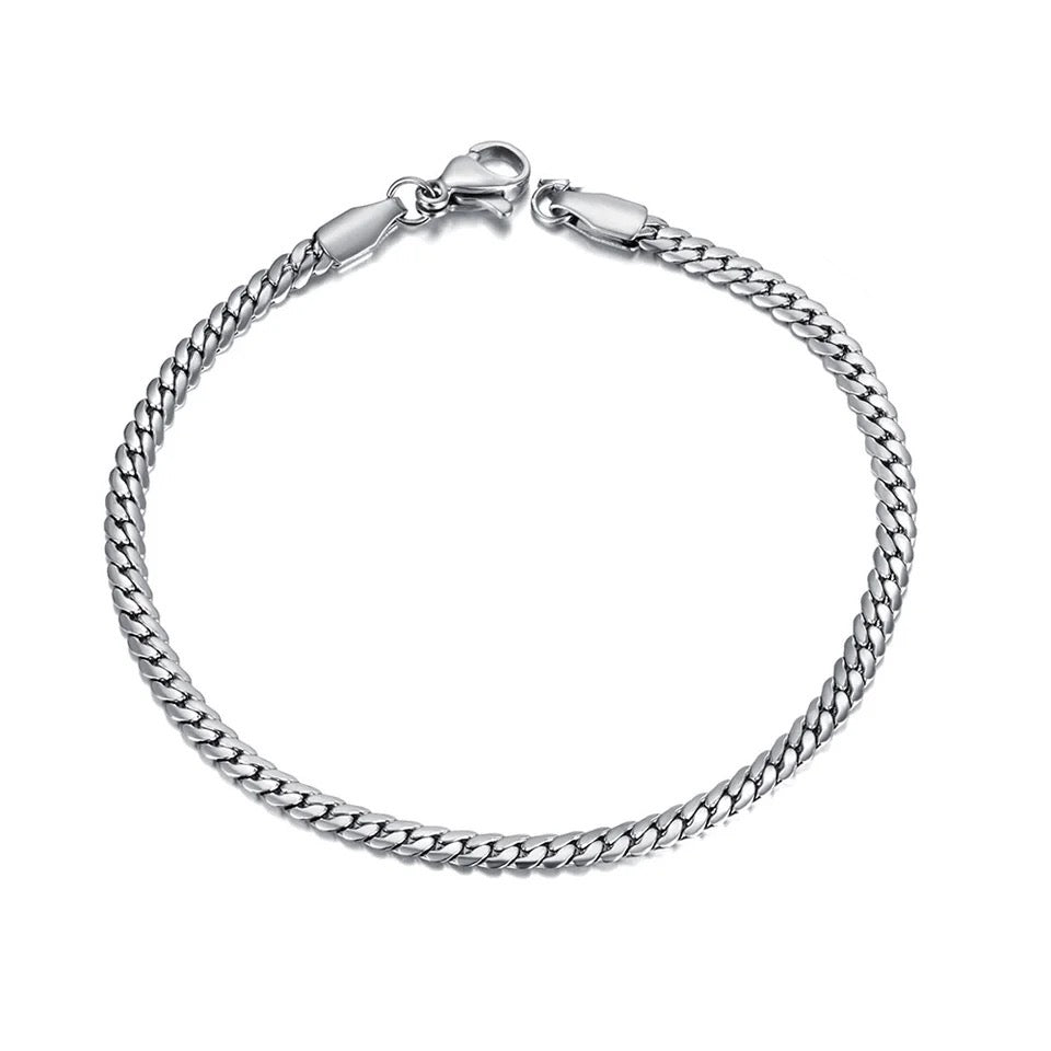 GIRLFRIEND | Silver Stainless Steel Flat Tight 3MM Curb Cuban Chain Link Bracelet