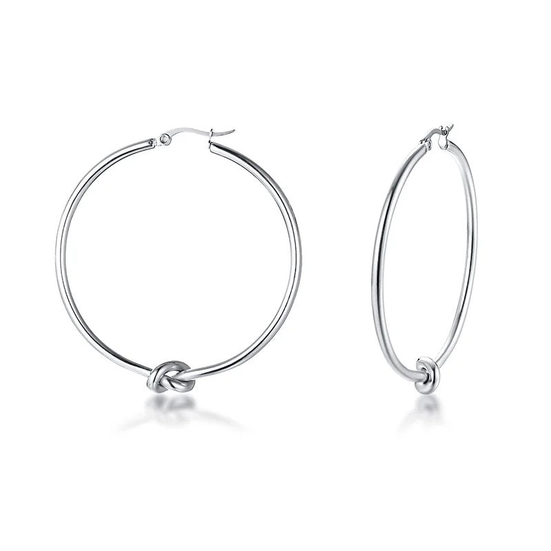 KNOTTY SLIM | Silver Stainless Steel 2MM Skinny Front Knot Light-Weight 5CM Hoop Earrings